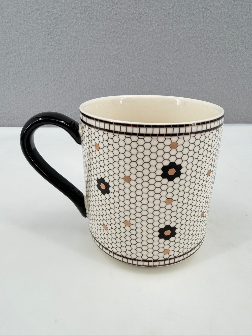 Anthropologie Margot Bistro Tile Monogram "J" Ceramic Cup Mug Black Gold Mosaic - Picture 3 of 10